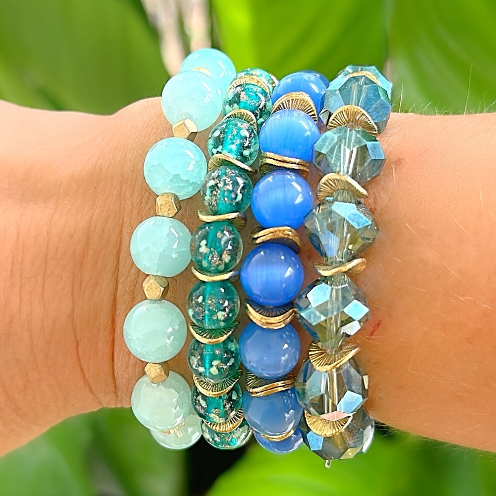 Blue Beaded Bracelet Stack, Blue and Green Handmade Bracelets, Gold Fill​